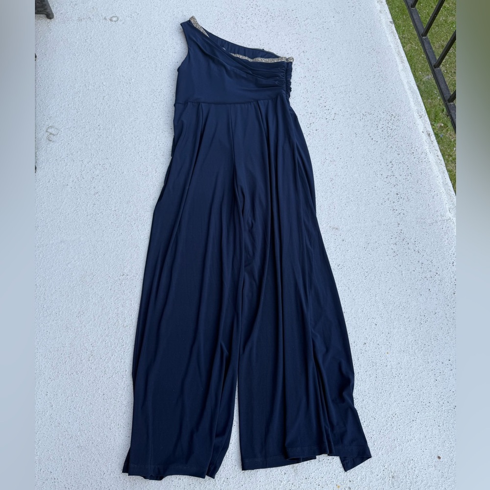 ADRIANNA PAPELL Beaded One-Shoulder Matte Jersey Jumpsuit In Midnight Size 16 - Picture 4 of 12